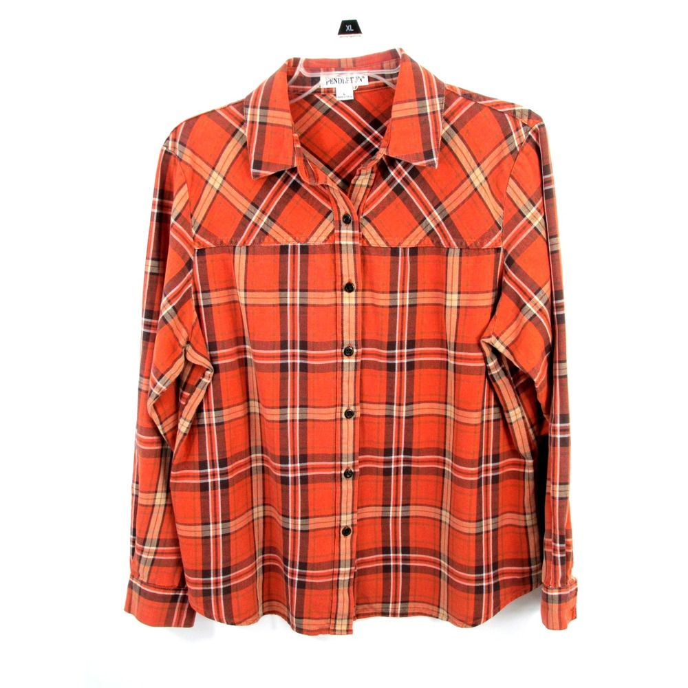 Pendleton Women Orange Plaid Cotton Button Up Shirt L Western Country Casual